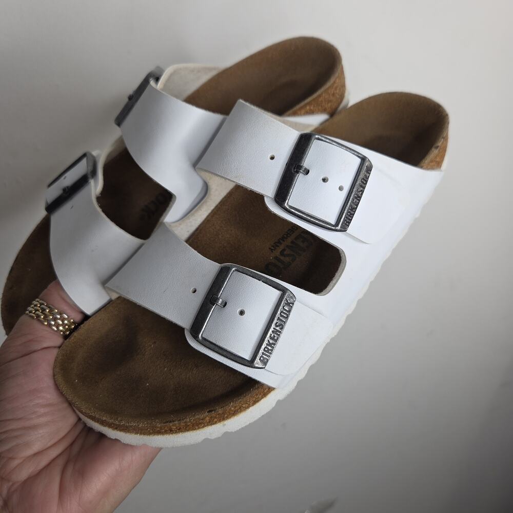 Birkenstock Arizona Sandal White Birko Flor 37 6.5 Womens Double Buckle Germany